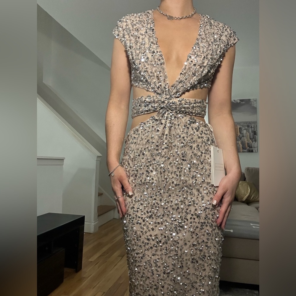 Mac Duggal sequin formal gown nude, silver NWT